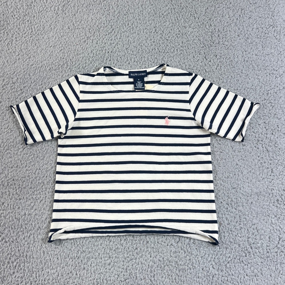 Ralph Lauren T-Shirt Girls 6 White‎ Navy Striped Short Sleeve Lettuce Trim Pony